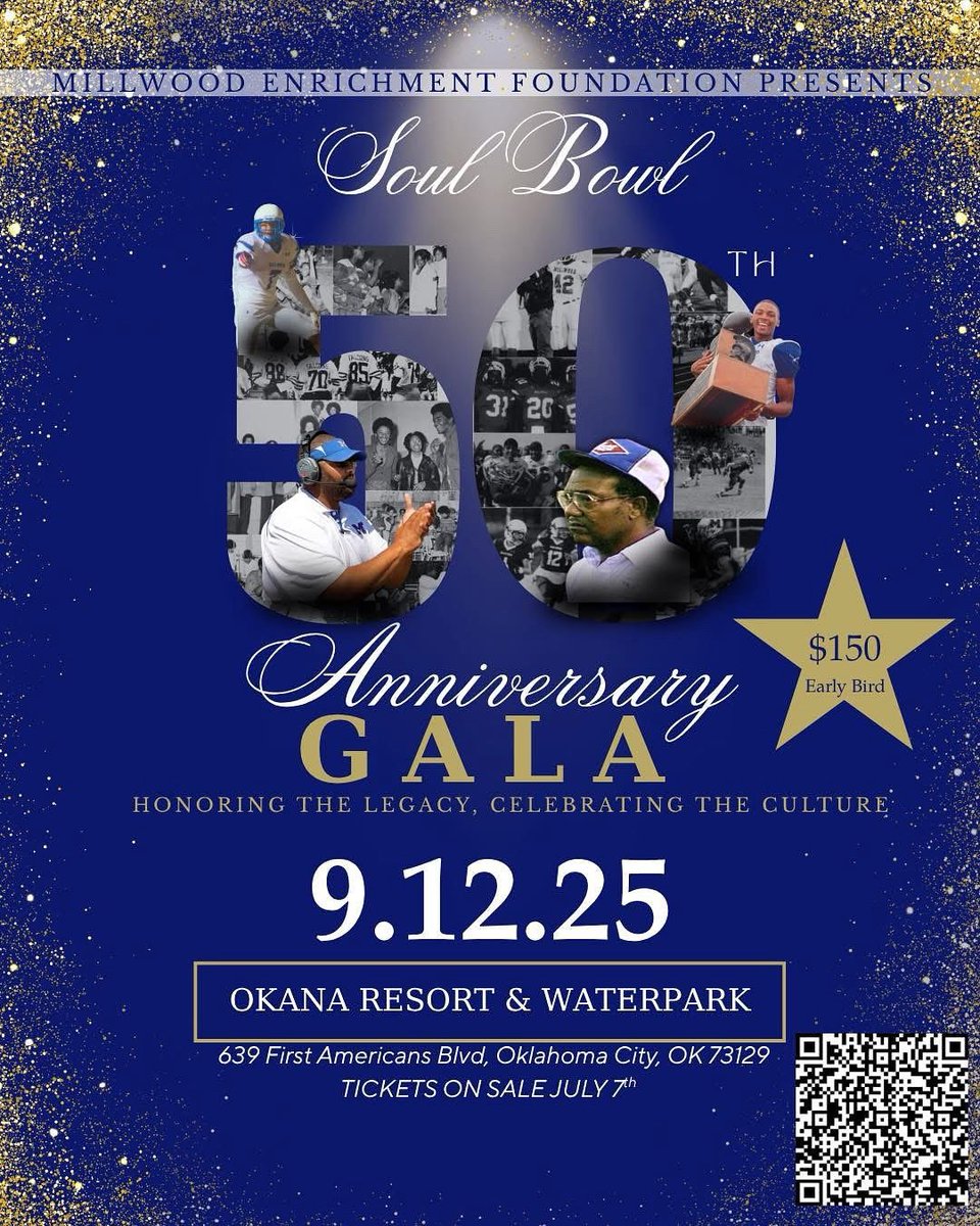 Millwood Enrichment Foundation invites all Millwood and Douglass classes to come celebrate at the Soul Bowl 50th Anniversary Gala, Fr Sept 12 at the all new OKANA Resort &amp; Water Park! Get your tickets by scanning QR code on the flyer. The event is open to everyone to attend!!