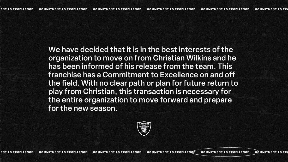 Gridiron On Tap (@gridironontap) on Twitter photo WHOA! The Las Vegas Raiders have released Christian Wilkins who is on just the 2nd year of his 4-year $110M contract, per <a href="/RapSheet/">Ian Rapoport</a>.
#RaiderNation WHOA! The Las Vegas Raiders have released Christian Wilkins who is on just the 2nd year of his 4-year $110M contract, per <a href="/RapSheet/">Ian Rapoport</a>.
#RaiderNation