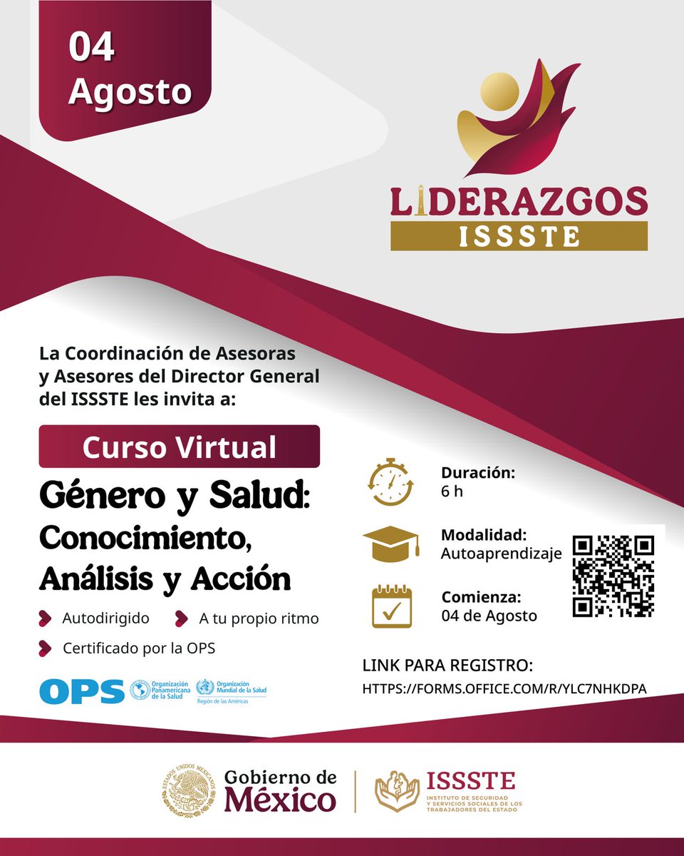 ISSSTE_mx's tweet image. 📣 La Coordinación de Asesoras y Asesores del Director General, les hace una cordial invitación al curso virtual gratuito "Género y Salud: Conocimiento, Análisis y Acción" que iniciará el 4 de agosto.
👩🏽💻 100% virtual
🤗 A su propio ritmo
👔 Certificado por el Campus Virtual de…