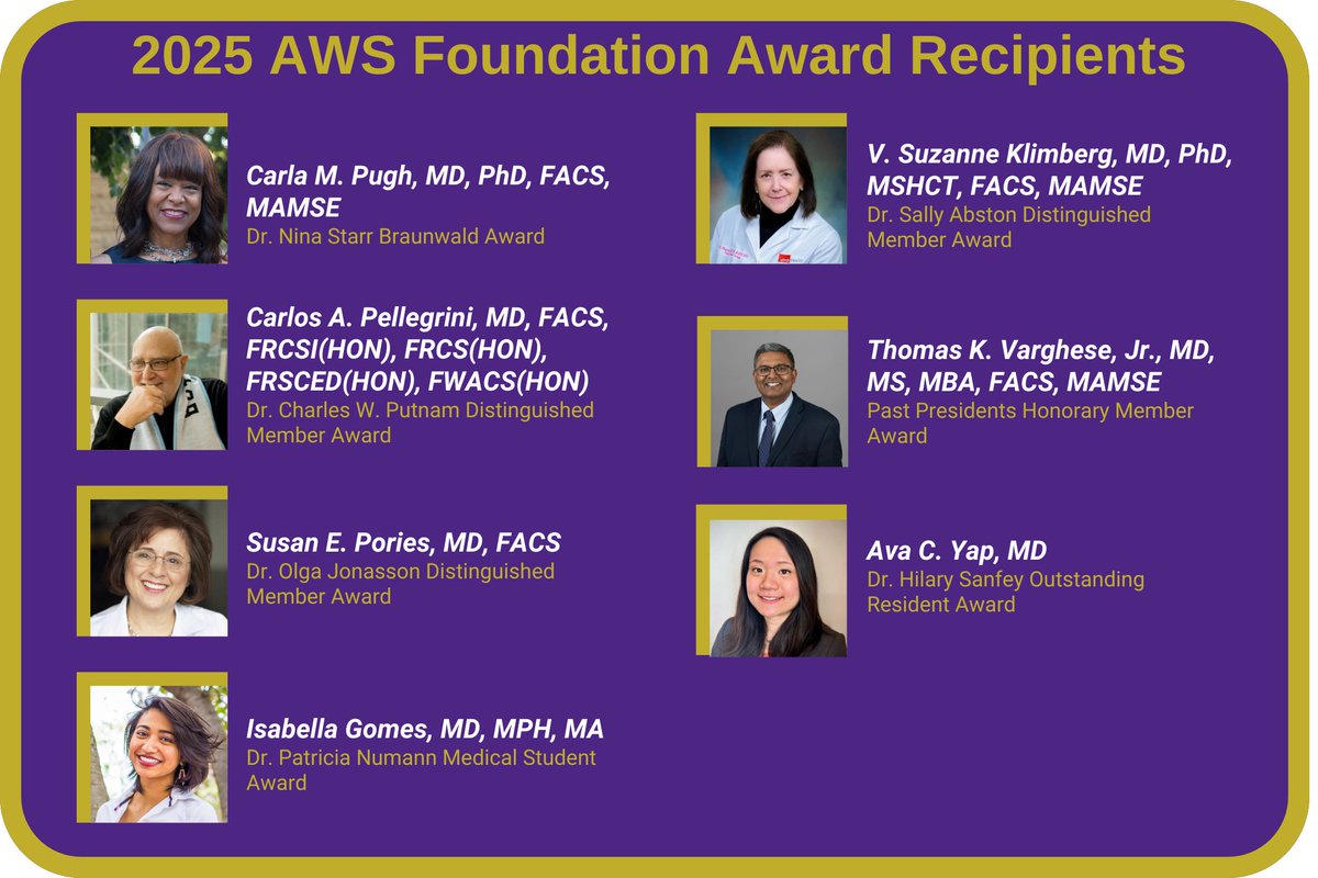 ✨2025 AWSF Awardees✨

The AWS Foundation is pleased to announce the 2025 award winners! Awardees will be honored at the spectacular AWSF Awards Dinner &amp; Gala on Sunday, October 5 in Chicago. 

Tickets &amp; tables: womensurg.memberclicks.net/2025galareg

#FoundationFriday