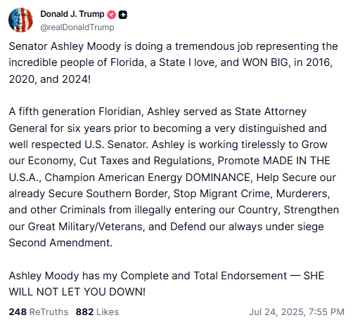 Jim Rosica (@jimrosicafl) on Twitter photo It's official: <a href="/POTUS/">President Donald J. Trump</a> today endorsed <a href="/AshleyMoodyFL/">Ashley Moody</a> for election to the U.S. Senate next year.
Moody, formerly Fla's att'y general, had been appointed by <a href="/GovRonDeSantis/">Ron DeSantis</a> to the seat vacated by <a href="/marcorubio/">Marco Rubio</a> when he became US Sec'y of State. It's official: <a href="/POTUS/">President Donald J. Trump</a> today endorsed <a href="/AshleyMoodyFL/">Ashley Moody</a> for election to the U.S. Senate next year.
Moody, formerly Fla's att'y general, had been appointed by <a href="/GovRonDeSantis/">Ron DeSantis</a> to the seat vacated by <a href="/marcorubio/">Marco Rubio</a> when he became US Sec'y of State.