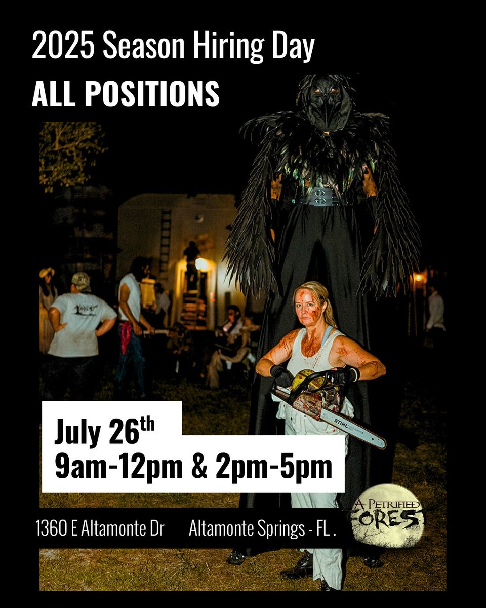 What's your special skill? We want to know! 🚨FINAL HIRING DAY of the 2025 Haunt Season. Saturday, July 26th • 9AM–12PM &amp; 2PM–5PM 🚨Must be 16+ with ID (parental consent if under 18) apetrifiedforest.com for details #BePetrified #WereHiring #ScreamPark #HauntLife #ScareTrails