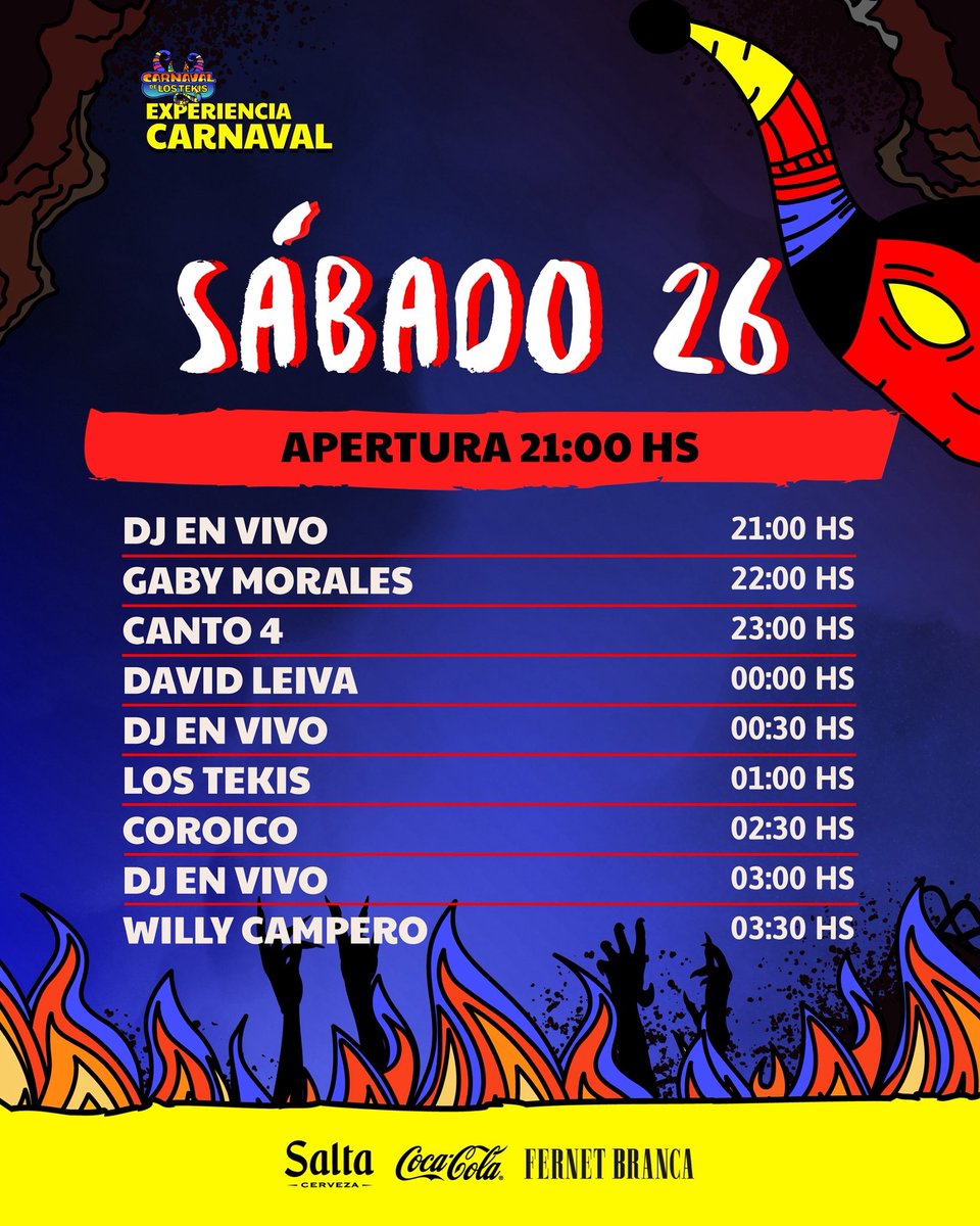 ATENCIÓN SALTA!❤️‍🔥🔊

Nos vemos este sábado 26 para carnavalear!😈
Los esperamos en el Club Gimnasia y Tiro🤟

#carnaval #carnavaldelostekis #experienciacarnaval #lostekis #canto4 #willycampero #davidleiva #gabymorales #coroico #dj