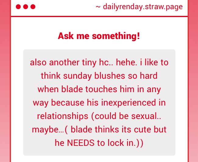 dailyrenday's tweet image. real sunday acts all shy when blade gets too close, and blade loves being a tease about it..
I also like to think that once sunday gets used to it, he starts doing the same things back since he loves to see blade flustered too! #sunren