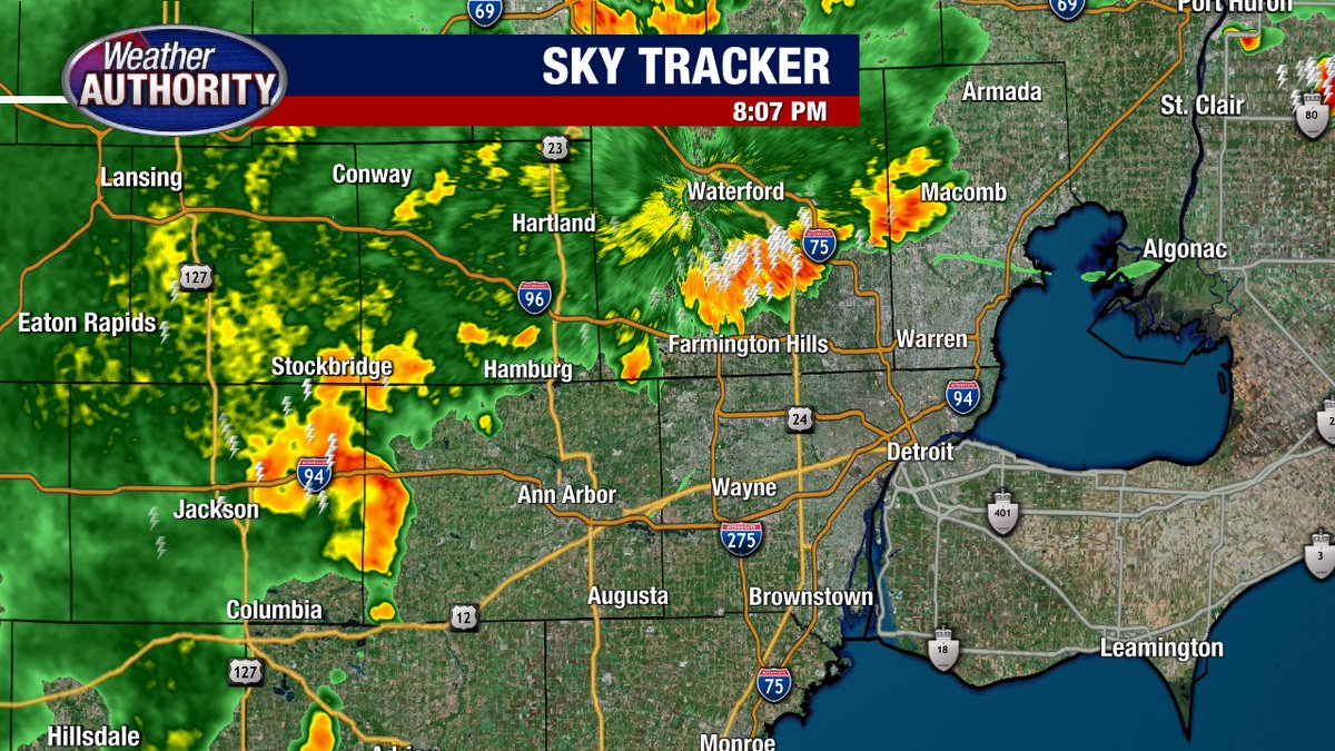 8:08 PM Weather Radar Update... Strong to Severe T-Storms are crossing parts of Washtenaw and Oakland Counties with gusty winds and heavy downpours.... STAY INSIDE as they pass.