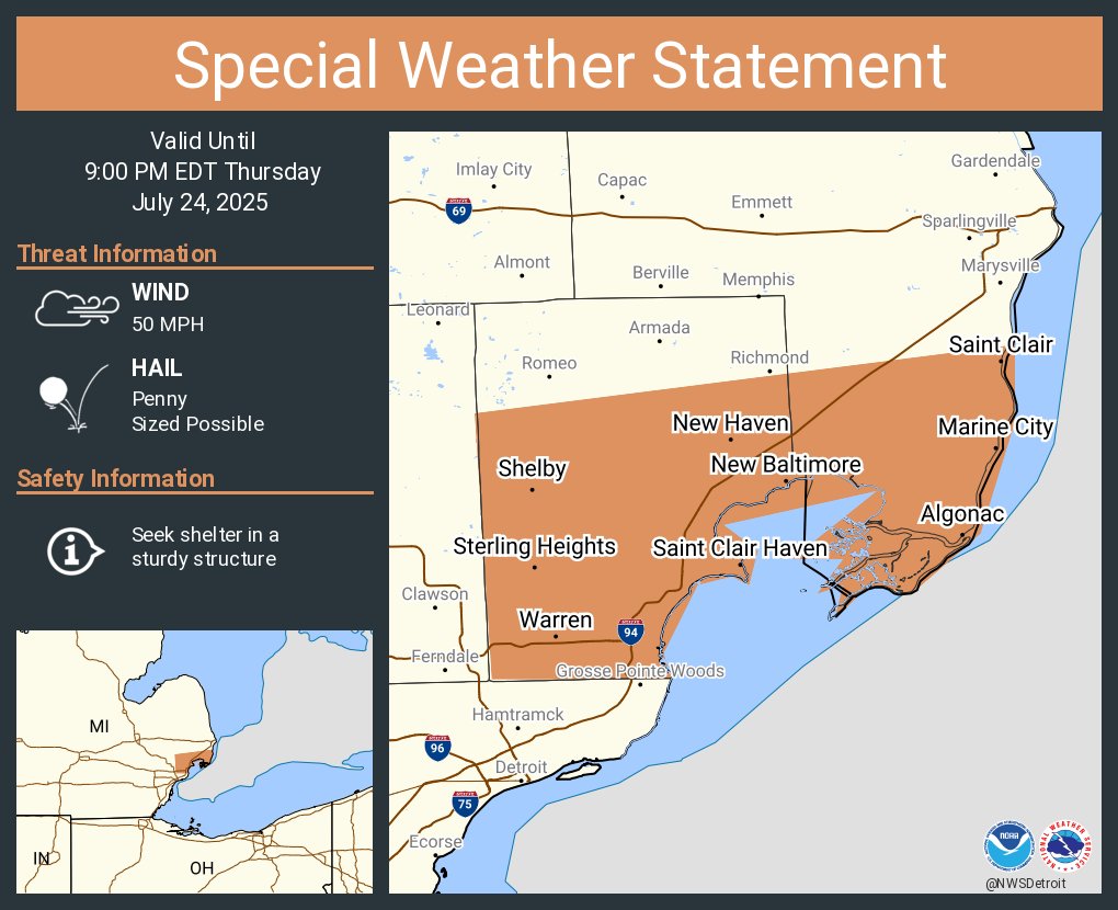NWSDetroit's tweet image. A special weather statement has been issued for Warren MI, Sterling Heights MI and Saint Clair Shores MI until 9:00 PM EDT