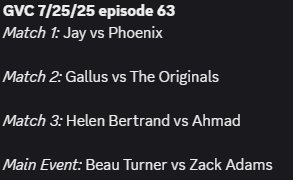 GEWA_Federation's tweet image. Tomorrow on GVC @Good_VibesClub !  
Show will be up at 1pm central!     
Want to know the matchcards before announced on X?  join the discord today!    
discord.gg/aQHXYp9VP5 
youtube.com/@zamiezom