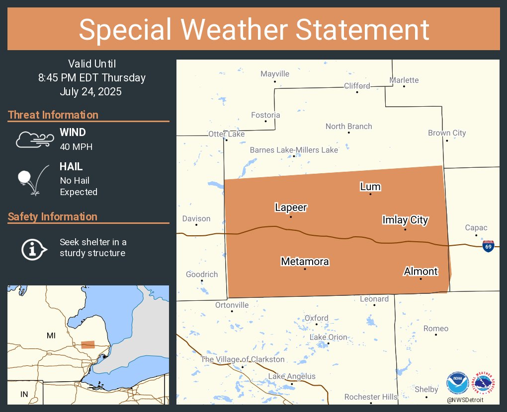 NWSDetroit's tweet image. A special weather statement has been issued for Lapeer MI, Imlay City MI and Almont MI until 8:45 PM EDT