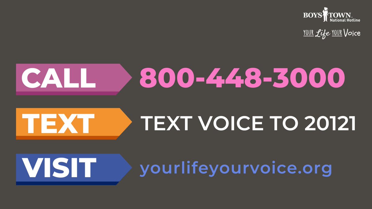 Need to talk? Our hotline specializes in talking with kids, teens, and young adults. Call 800-448-3000 or TEXT VOICE to 20121. yourlifeyourvoice.org