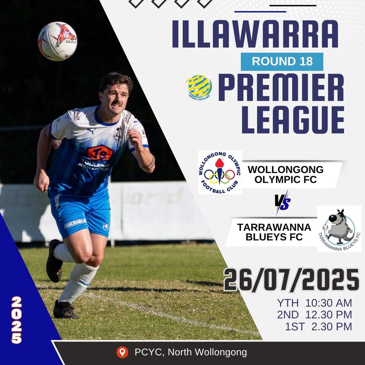 Your Blueys are back in action on SATURDAY in a <a href="/FSC_Official/">Football South Coast</a> <a href="/FratClub2519/">The Fraternity Club</a> Premier League Round 18 match at North Wollongong against <a href="/wgongolympic/">olympicfc</a> .

Get down to North Wollongong and cheer the boys on.

Further Details: