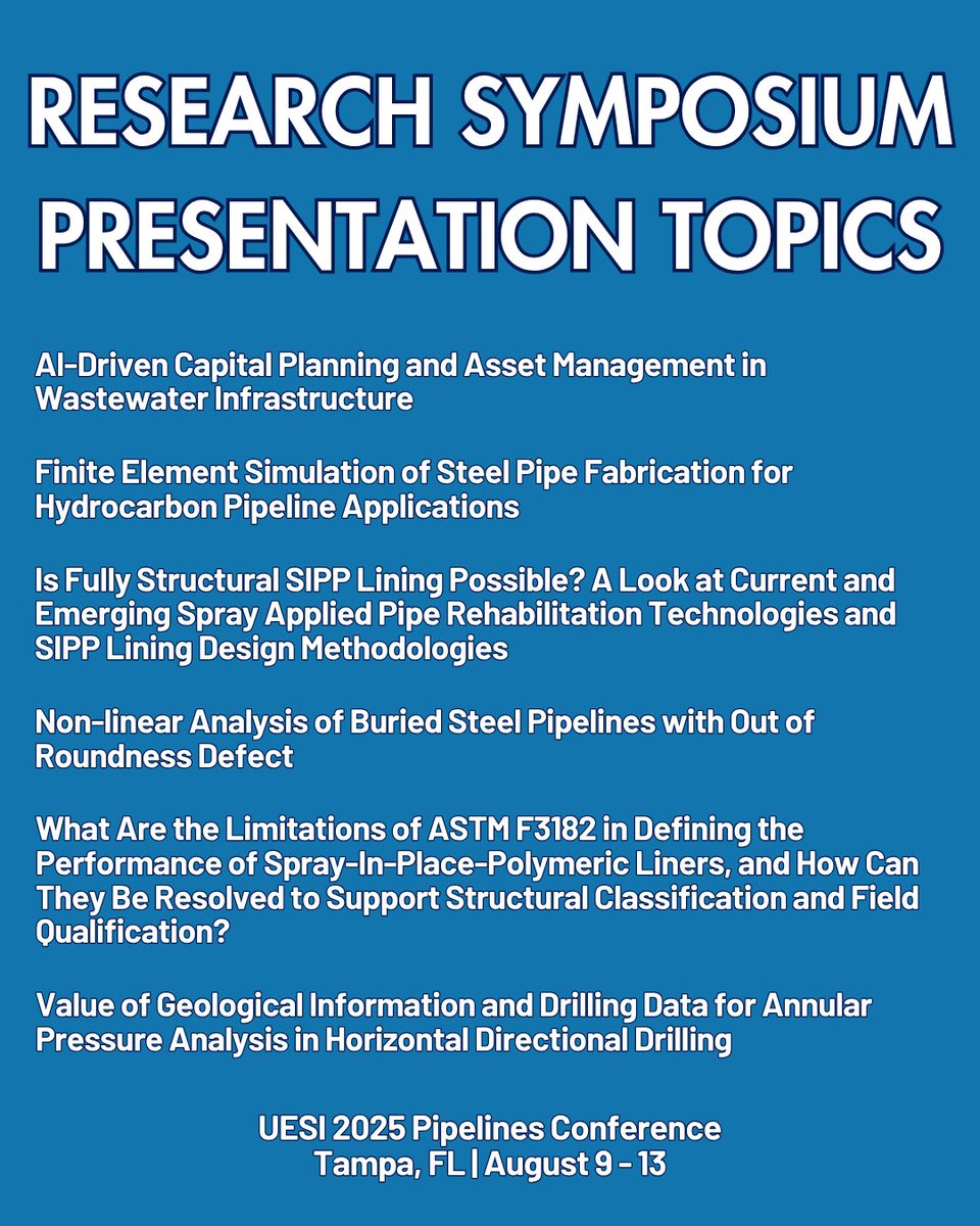 uesi_asce's tweet image. Join us for the #PipelinesConference Research Symposium!

Topics include:
- AI&amp;amp; Asset Management
- Pipe Rehabilitation
- SIPP Lining Design Methodologies
- Horizontal Directional Drilling
- much more!

More info: pipelinesconference.org/program/pipeli…

#ResearchAndDevelopment #CivilEngineering