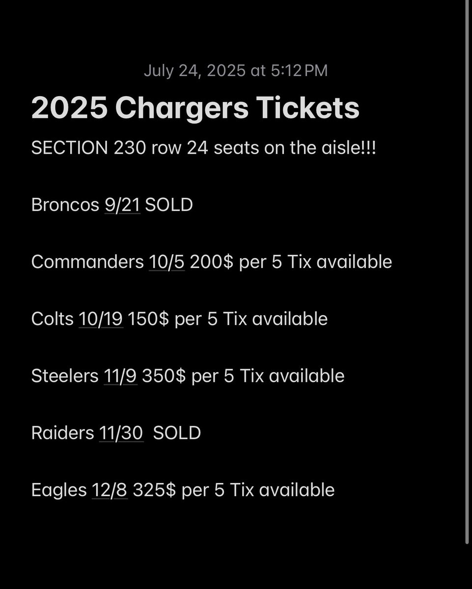 PowderBlueDrew's tweet image. UPDATED: Raiders and Broncos both SOLD come get some seats before they are gone! Seats on Sale to BoltGang Only, Section 230 row 24 seats 16-20 seats are in the aisle easy in and out close food and bathrooms! SICK seats. RETWEETS appreciated ⚡️⚡️⚡️ let’s put some Chargers fans in…