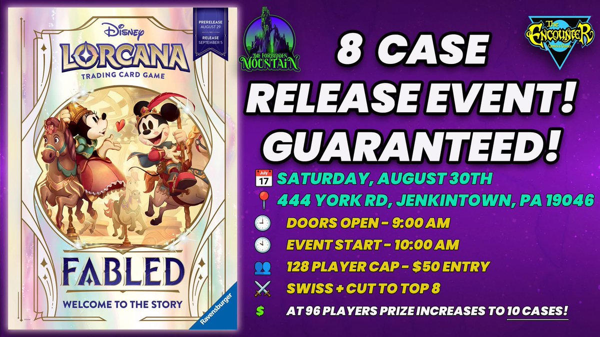 TFM_Lorcana's tweet image. Extremely excited to be brining a big event to the greater Philadelphia area!!! #DisneyLorcana!
Check out the event details here - theforbiddenmountain.com/events