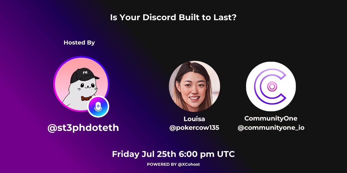 Your server has vibes ✨ but is it built to last?

Join me for an X livestream with <a href="/pokercow135/">louisa</a>, founder of <a href="/communityone_io/">CommunityOne</a> to discuss community design ⚙️

📅: Fri. 7/25 at 11AM PST / 6PM UTC