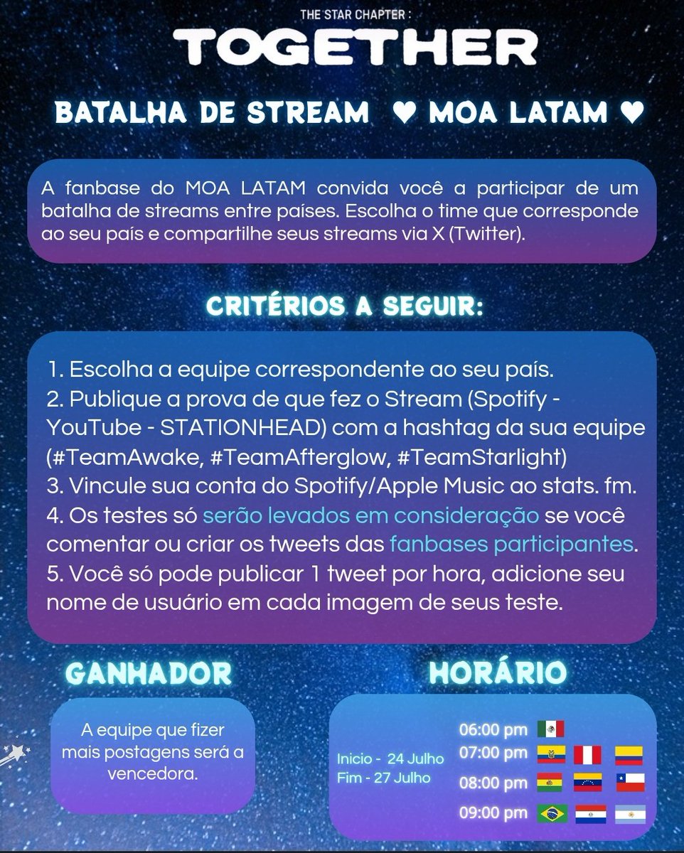 TXT_BR's tweet photo. 👑 | MOA LATAM NA ÁREA!! VENHAM PARTICIPAR DESSA BATALHA!
Participe da BATALHA DE STREAMS LATAM e ajude nossa equipe a vencer!
Vamos com tudo pelo Team AWAKE! ✨
Usem: #TeamAwake #streaMOAlatam BRASIL https://t.co/aWT4u61Bw5