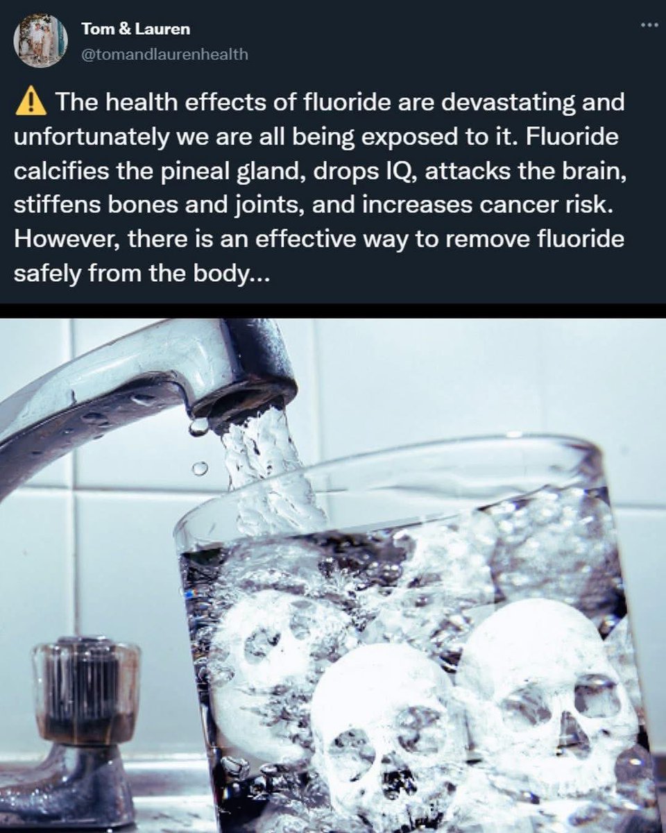 stopvaccinating's tweet image. This is correct. Fluoride also breaks down the will power to FIGHT BACK, the primary reason water is fluoridated - to make populations DOCILE.
Few filters will remove fluoride from tap water. Reverse Osmosis removes 90% (what I use). Distilled removes all of it. Most table top…