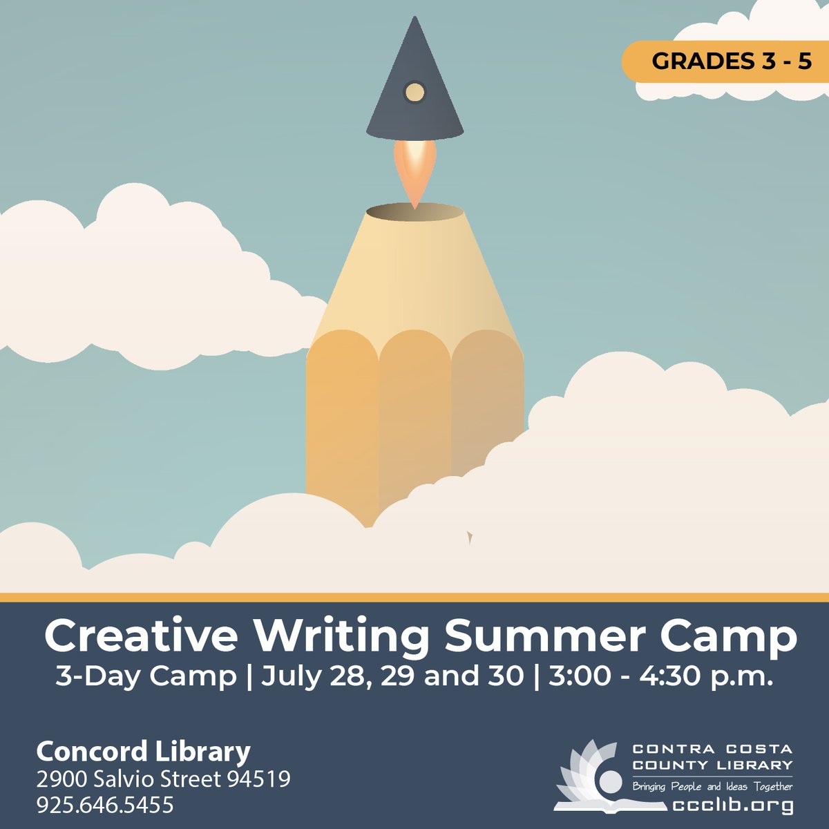 Concord Friends: Do you have a budding writer, ages 9-12, looking to sharpen their skills? Check out this free Creative Writing Summer Camp being offered at the Concord Library from July 28-July 30! Register here: ccclib.bibliocommons.com/events/6848b8b…