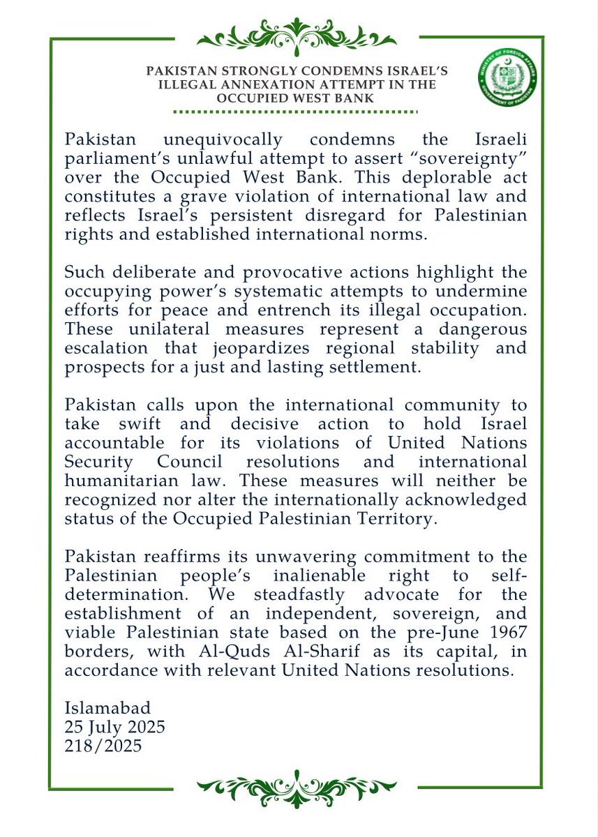 ForeignOfficePk's tweet image. 🔊PR NO.2️⃣1️⃣8️⃣/2️⃣0️⃣2️⃣5️⃣
Pakistan Strongly Condemns Israel’s Illegal Annexation Attempt in the Occupied West Bank.
🔗⬇️
mofa.gov.pk/press-releases…