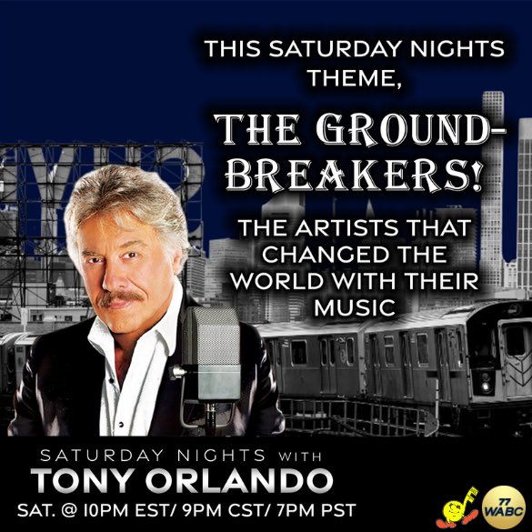 77 WABC Music Radio (@musicradiowabc) on Twitter photo SATURDAY at 10PM EST:
Host <a href="/TonyOrlando/">Tony Orlando</a> This Saturday Night's Theme: The Ground-Breakers
The Artists Who Changed the World with Their Music!!
Join us SATURDAY on wabcmusicradio.com, 770 AM, or on the 77 WABC app! SATURDAY at 10PM EST:
Host <a href="/TonyOrlando/">Tony Orlando</a> This Saturday Night's Theme: The Ground-Breakers
The Artists Who Changed the World with Their Music!!
Join us SATURDAY on wabcmusicradio.com, 770 AM, or on the 77 WABC app!