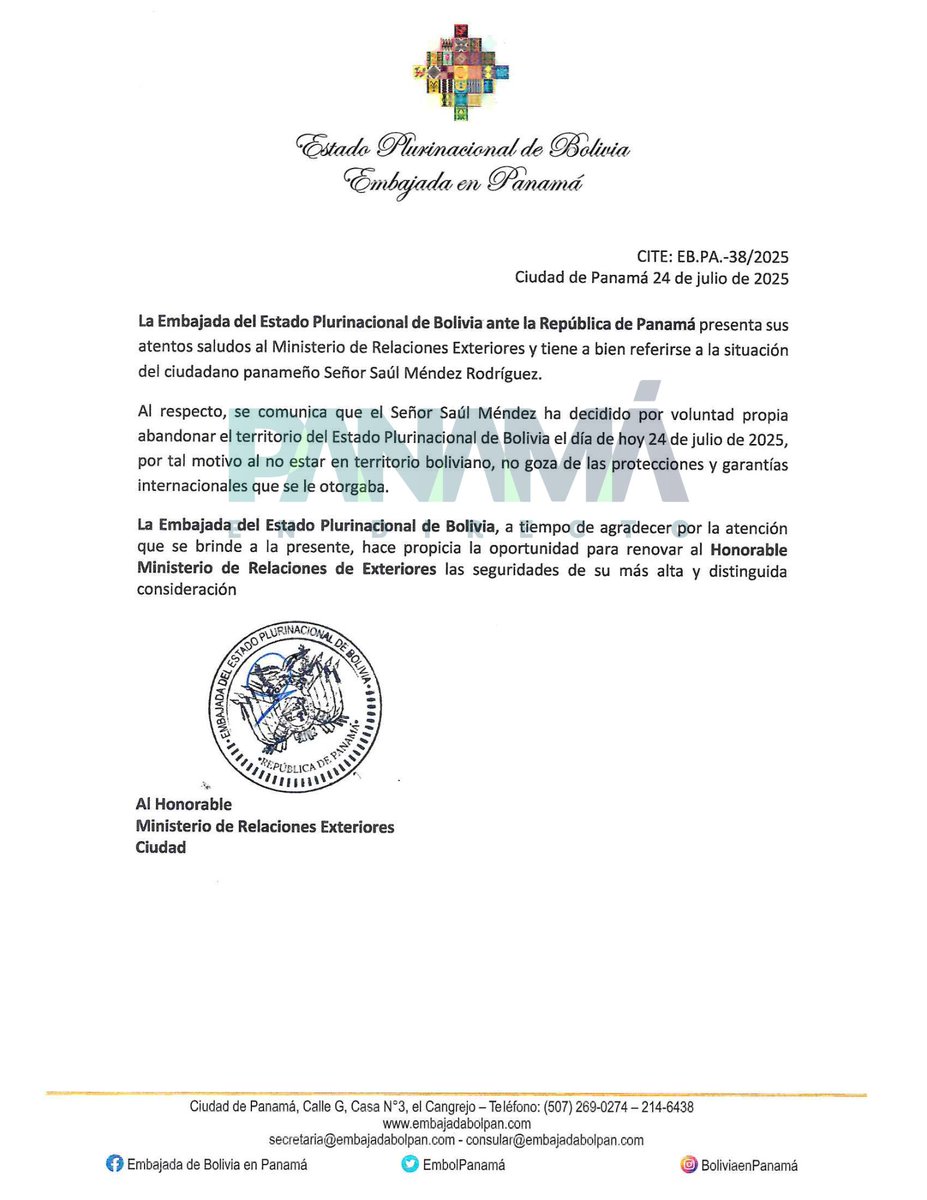 🚨 #ÚLTIMAHORA | Confirman gobiernos de Bolivia y Panamá que Saúl Méndez, dirigente de Suntracs, violó las condiciones de su asilo y salió de territorio boliviano.
El Gobierno panameño ha solicitado alerta roja de Interpol para que sea capturado y deportado al país en cuanto