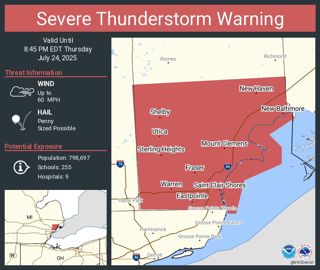 NWSDetroit's tweet image. Severe Thunderstorm Warning including Warren MI, Sterling Heights MI and Saint Clair Shores MI until 8:45 PM EDT