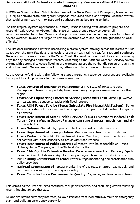 Today, Governor <a href="/GregAbbott_TX/">Greg Abbott</a> activated state emergency response resources ahead of potential tropical weather tonight.

Texans are urged to monitor weather conditions in East &amp; Southeast Texas.

More here: bit.ly/3ILl8ZV