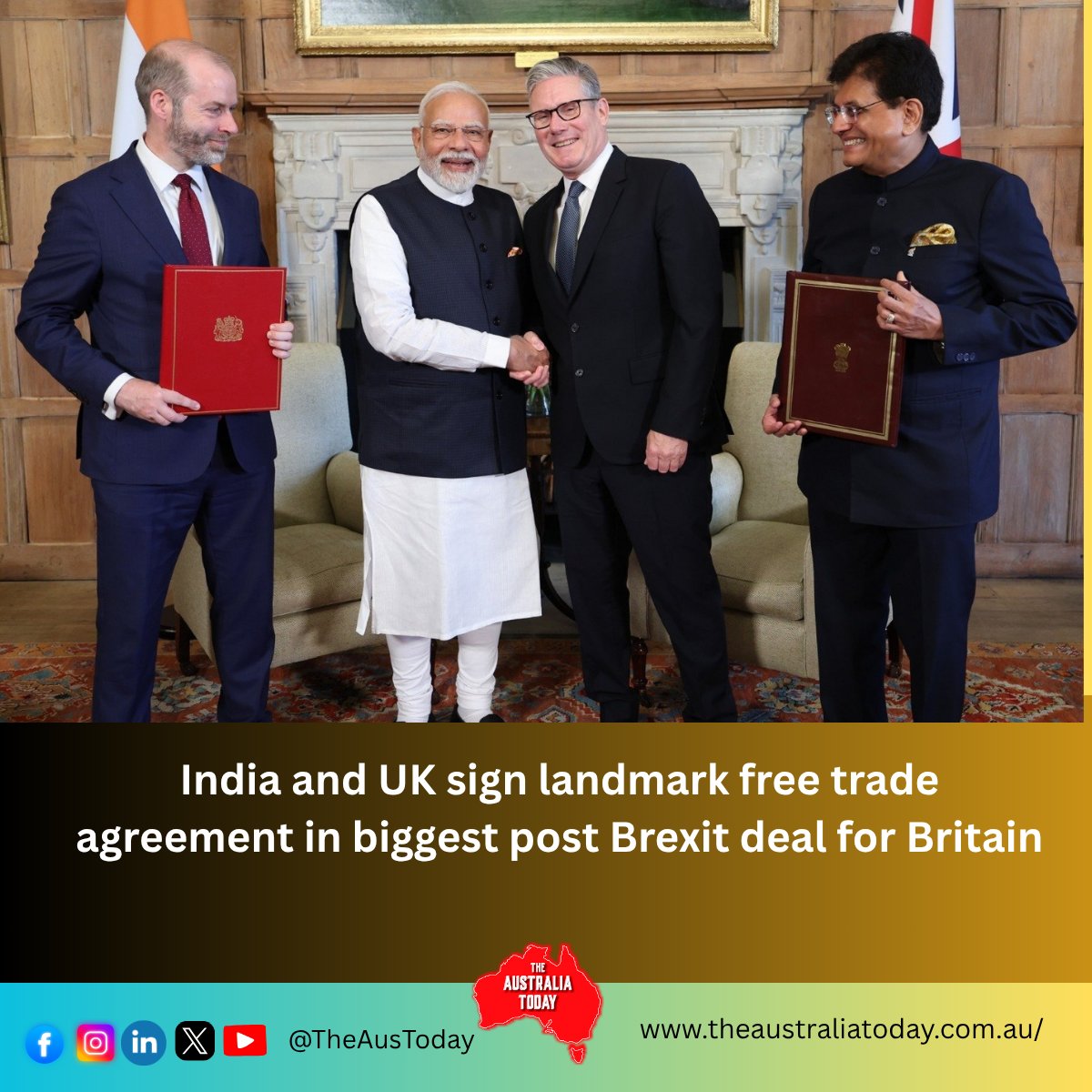 TheAusToday's tweet image. 🇮🇳🤝🇬🇧 #India and #UK sign landmark free trade agreement in biggest post-Brexit deal for #Britain
Read here: theaustraliatoday.com.au/india-and-uk-s…
Prime Ministers @narendramodi and @Keir_Starmer have inked the biggest post‑Brexit agreement for Britain—and India’s largest pact with a Western…