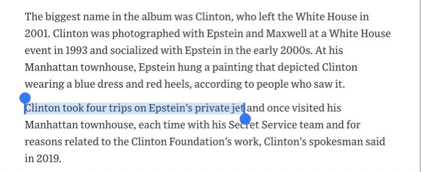 WSJ article has a ***total falsehood*** (screenshot) from Clinton’s spox which I debunked all the way back ***in 2019***. Clinton went on 27+ flights with Epstein totaling at least ***six*** (not just four) trips. Clinton is lying &amp; WSJ is spreading it.

👉washingtonexaminer.com/news/2032841/f…