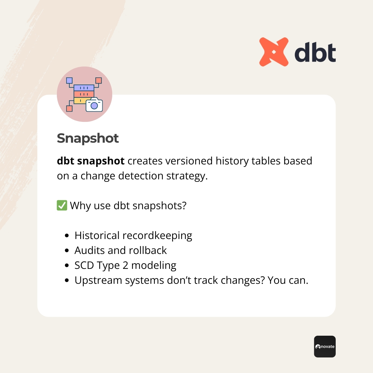 itsagam's tweet photo. Need slowly changing dimensions (SCDs) in your warehouse? Even if it doesn't get tracked in production.

Use dbt snapshots to track row-level changes over time. https://t.co/vtbsGVRGVw