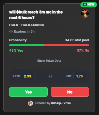 gCat_gg's tweet photo. what do you bet? yes or no? lets pump $hulk 

i betted on yes . 

push it on @mememarket_mm  - https://t.co/yM3lEPNmQH https://t.co/SHHVSHc8Zs