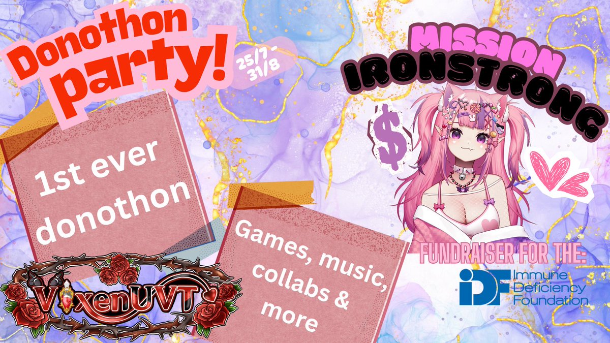 VixenUVT's tweet image. Starting tomorrow, till the end of august, we will be doing a donothon to help add to #MissionIRONSTRONG I have a nice selection of goals to reach! lets make a difference for @ironmouse & @immunedeficienC twitch.tv/vixenuvt