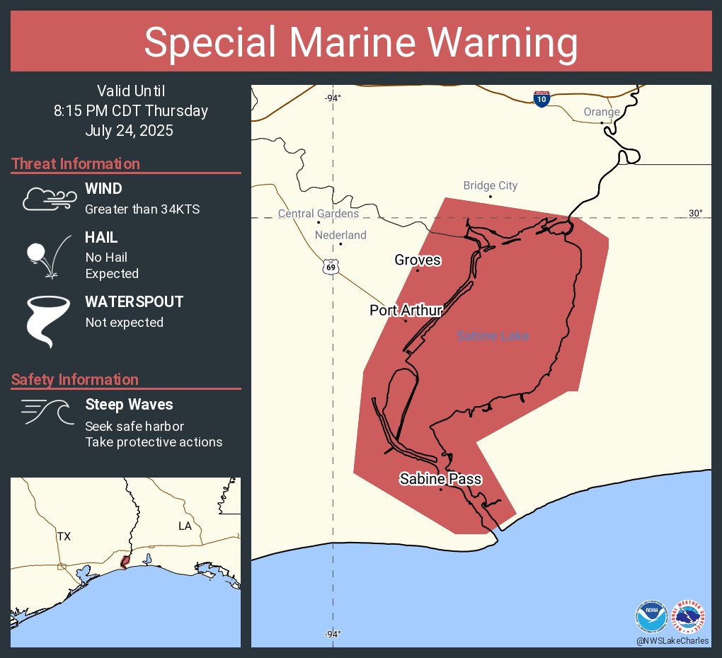 NWSLakeCharles's tweet image. Special Marine Warning including the Sabine Lake until 8:15 PM CDT