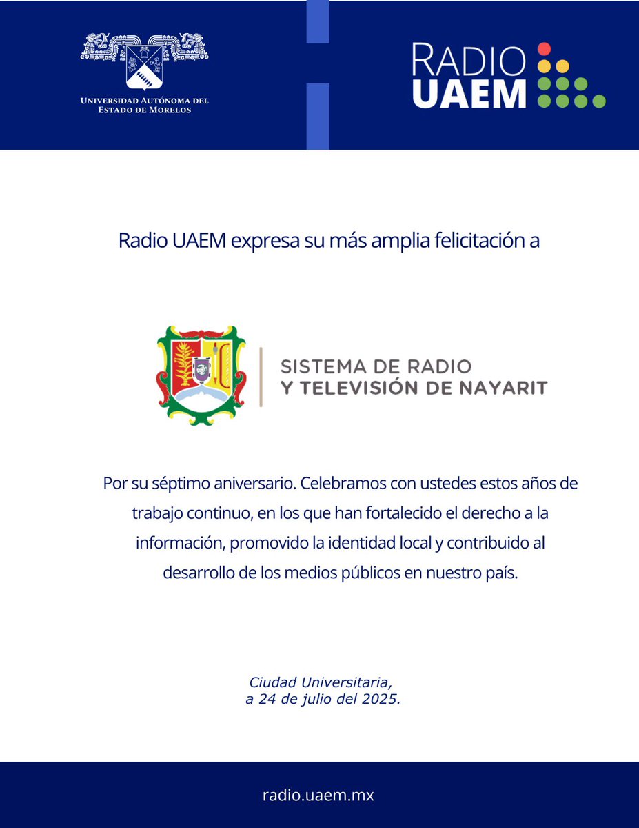 Radio UAEM (@radiouaem) on Twitter photo Radio UAEM expresa su más amplia felicitación al Sistema de Radio y televisión de Nayarit <a href="/TELE10Nayarit/">TELE 10 Nayarit</a> Radio UAEM expresa su más amplia felicitación al Sistema de Radio y televisión de Nayarit <a href="/TELE10Nayarit/">TELE 10 Nayarit</a>