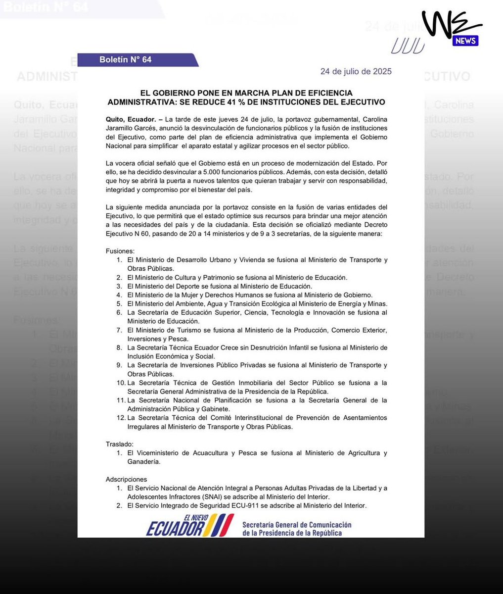 wenewsec's tweet image. 🔵| Por la Ley de Integridad Pública en vigencia, el Gobierno anunció la fusión de ministerios y el inicio del proceso de desvinculación de 5.000 funcionarios públicos.
En rueda de prensa, la portavoz oficial, Carolina Jaramillo, dijo que se reducirá en un 41% el número de…