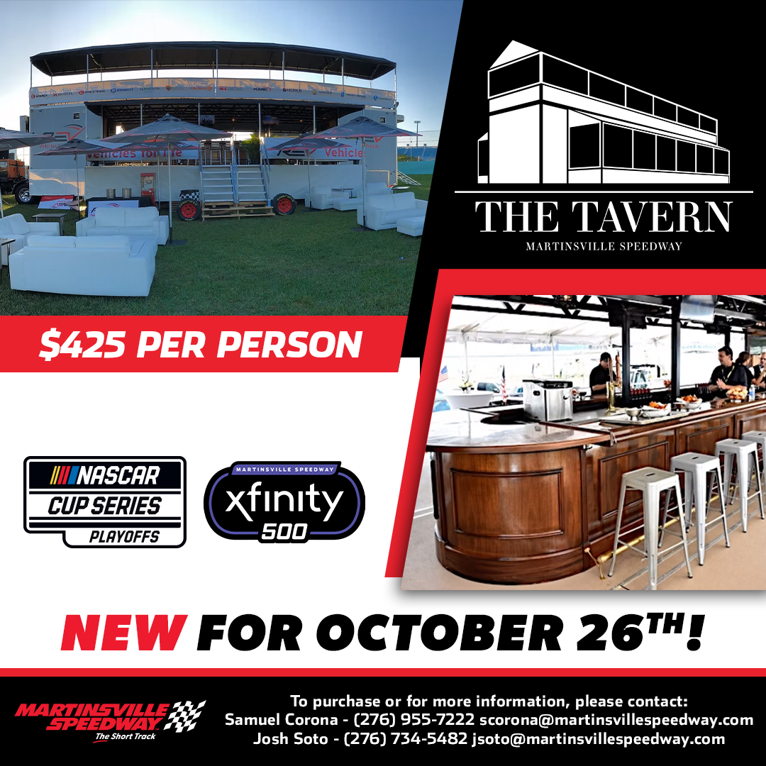 Introducing The Tavern! A fully decked-out hospitality trailer in turn 2 with an unbeatable view of the track. Spots are limited, so lock yours in today for the #Xfinity500!

🎟: bit.ly/40yKL6l