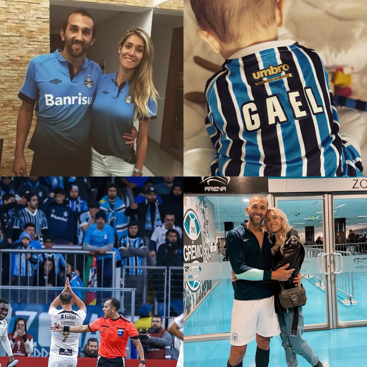 Juezcentral's tweet image. Hablemos de esas historias que nos gustan. Hernán Barcos y su esposa se conocieron en 2013, cuando él jugaba en Gremio y ella era empleada (e hincha) del club. Se casaron y tuvieron a su hijo Gael, quien prácticamente nació con la camiseta del Gremio.
El destino quiso que ayer,…