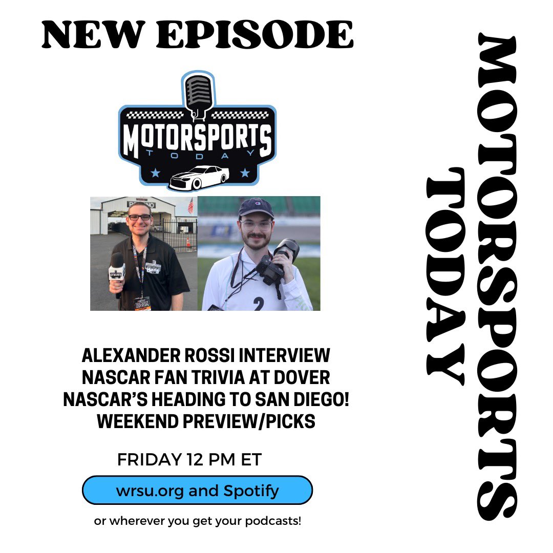 MtrsprtsToday's tweet image. Tomorrow at 12 on WRSU.org and after on Spotify.
Enjoy our #NASCAR fan trivia and hear @JeffreyHrunka talk with Alexander Rossi.
Plus @NASCARSanDiego, weekend picks, and more!
@AdamTropper24 and @RogleMedia host!!!