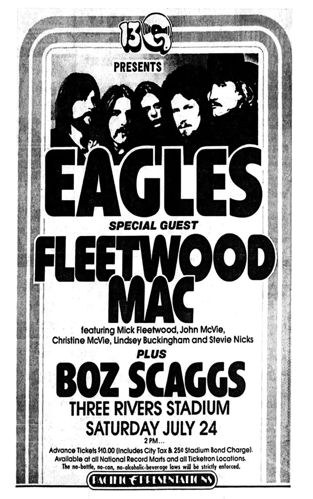 dvesean's tweet image. July 24 1976
Three Rivers Stadium/Pittsburgh
(I wasn&apos;t at this show)

Eagles (pre-Hotel California),
Fleetwood Mac (pre-Rumours)
&amp;amp;
Boz Scaggs (Silk Degrees brand new).

Presented by 13Q!

If you&apos;re my age (OLD),
You answered your phone saying:

&quot;I listen to the new sound of 13Q!&quot;