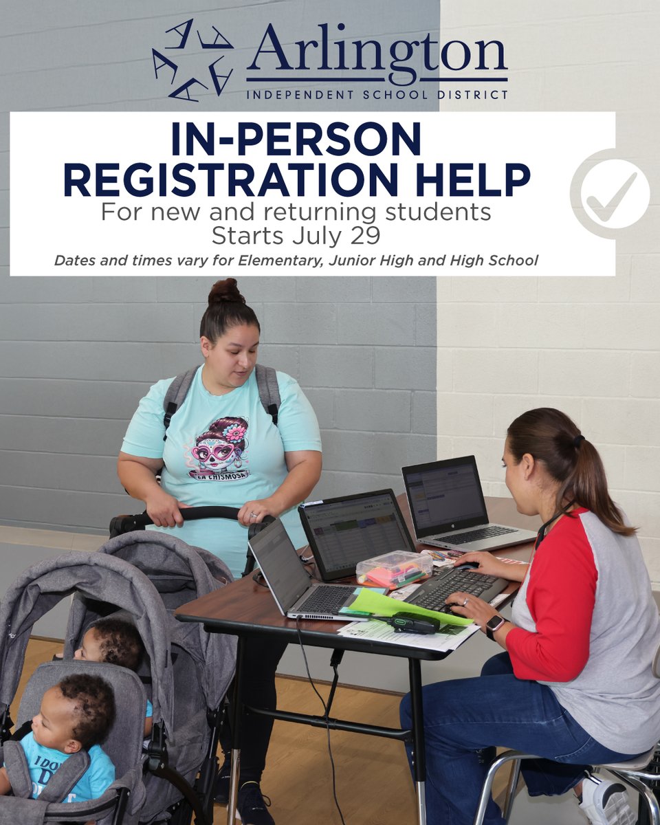 ArlingtonISD's tweet image. 📢 Need help registering for school? #ArlingtonISD is offering in-person registration help starting July 29 at every campus—no appointment needed!

🗓️ Dates vary by grade level, with evening options available too. Bring your documents and get ready for a smooth start to the year!