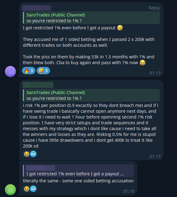 SaroTrades's tweet image. Criticizing FTMO or “good” prop firms gets you labeled a gambler who can’t trade.
I&apos;ve personally seen 11 traders get limited like this.
The accounts are still tradable but it&apos;s so frustrating. 🤦‍♂️