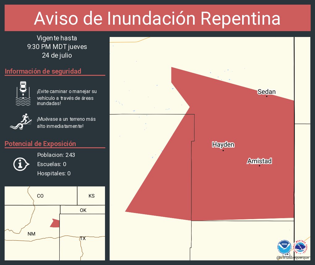 Aviso de Inundación Repentina incluye Amistad NM, Hayden NM, Sedan NM hasta las 9:30 PM MDT