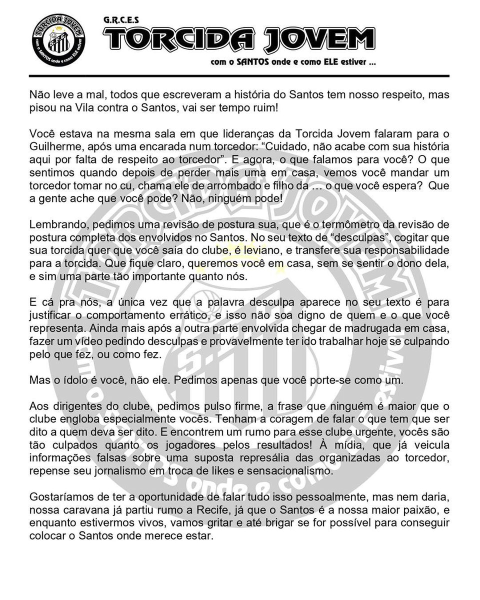 fdalvinegro's tweet image. Torcida Jovem também se posiciona contra Neymar após a discussão com um torcedor na Vila Belmiro.
É isso.
Nós somos o maior patrimônio do Clube!