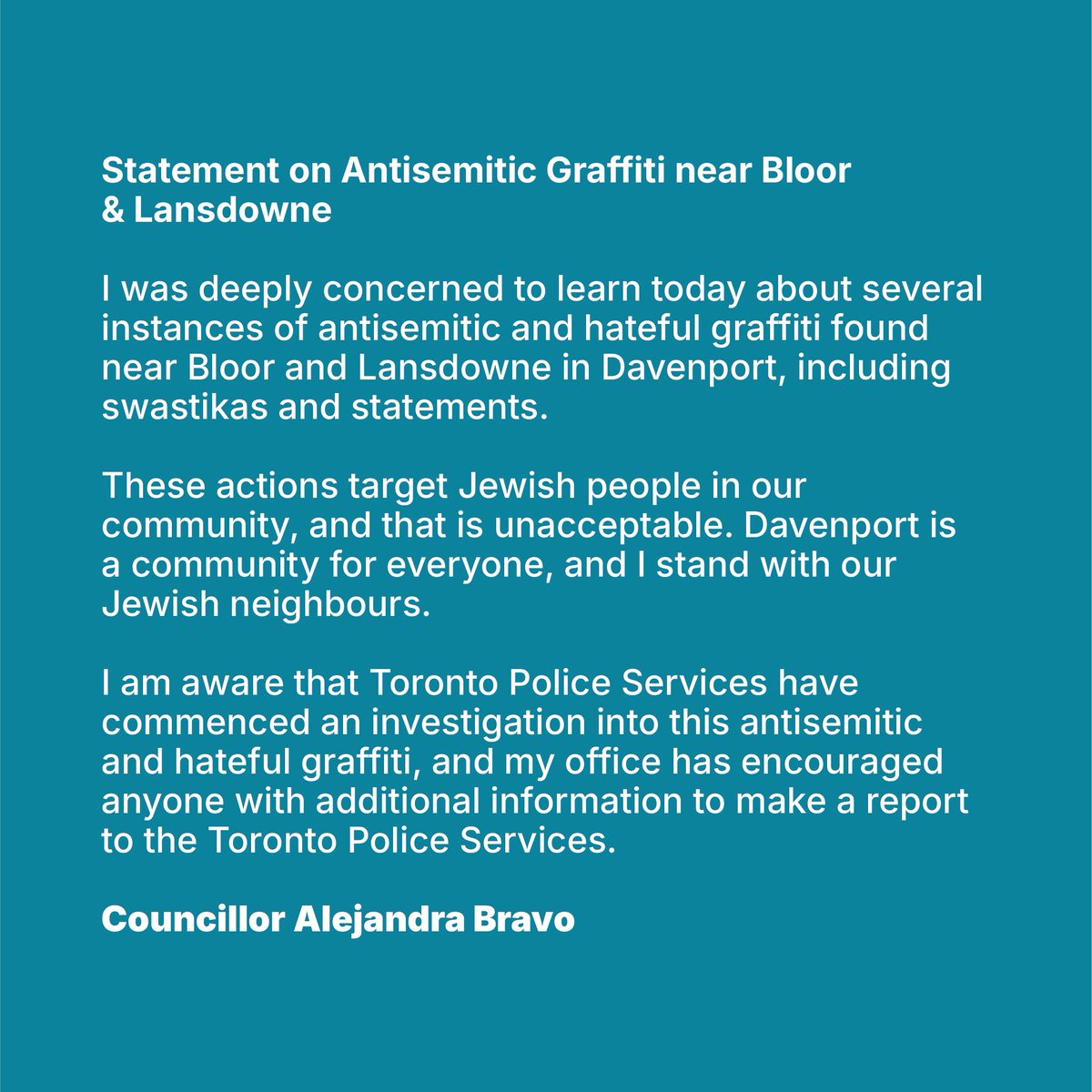 BravoDavenport's tweet image. My statement on several instances of antisemitic and hateful graffiti near Bloor & Lansdowne.