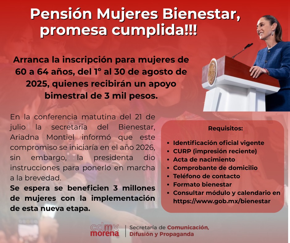 SRIACOMUMORENA's tweet image. 💜 ¡Promesa cumplida!
Del 1º al 30 de agosto, inicia el registro a la #PensiónMujeresBienestar para mujeres de 60 a 64 años.
📅 Recibirán 3 mil pesos bimestrales.
👩🏽🦳 Se beneficiarán 3 millones de mujeres.
📍Consulta requisitos y módulo: gob.mx/bienestar