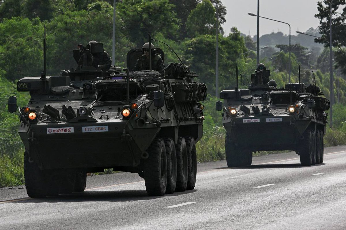 15News's tweet image. M1126 “Stryker” Infantry Carrier Vehicles with the Royal Thai Army spotted on the move towards the border with Cambodia.
