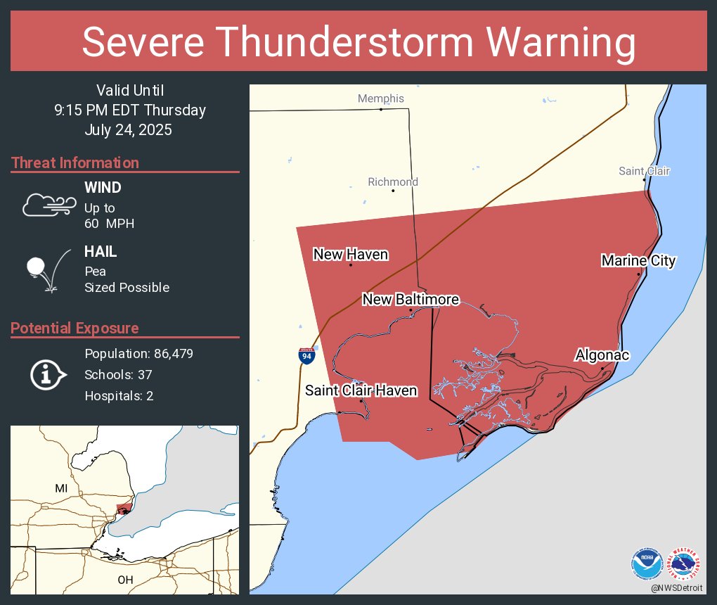 NWSDetroit's tweet image. Severe Thunderstorm Warning including New Baltimore MI, New Haven MI and Marine City MI until 9:15 PM EDT