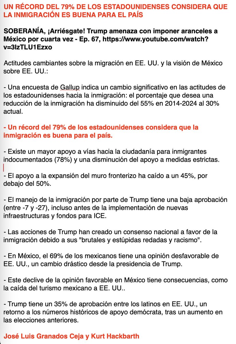 luisesperanto's tweet image. UN RÉCORD DEL 79% DE LOS ESTADOUNIDENSES CONSIDERA QUE LA INMIGRACIÓN ES BUENA PARA EL PAÍS
SOBERANÍA, ¡Arriésgate! Trump amenaza con imponer aranceles a México por cuarta vez - Ep. 67, youtube.com/watch?v=3IzTLU…
@SoberaniaPod