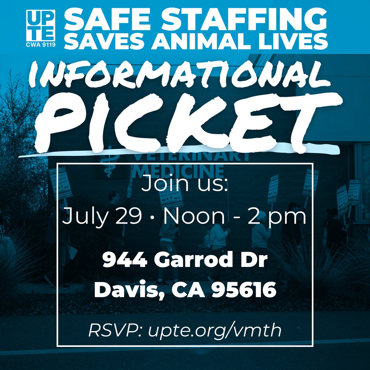 UPTECWA's tweet image. Enough is enough—chronic short‑staffing at UC Davis’ top‑ranked VMTH puts animal patients at risk. Join UPTE techs for an info picket 7/29, 12–2 pm, outside the School of Veterinary Medicine, 944 Garrod Dr, Davis, CA 95616. Show up on your lunch break! RSVP link in bio. #Union