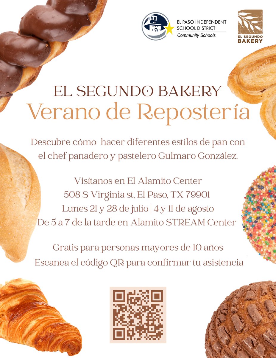 EPISD Community Schools (@csepisd) on Twitter photo We are teaming up with El Segundo Bakery and Alamito Stream Center to offer the third session of Bake Shop Summer on Monday, July 28th from 5pm to 7pm. Classes offered at no cost, but please register because space is limited. 
docs.google.com/forms/d/e/1FAI… We are teaming up with El Segundo Bakery and Alamito Stream Center to offer the third session of Bake Shop Summer on Monday, July 28th from 5pm to 7pm. Classes offered at no cost, but please register because space is limited. 
docs.google.com/forms/d/e/1FAI…