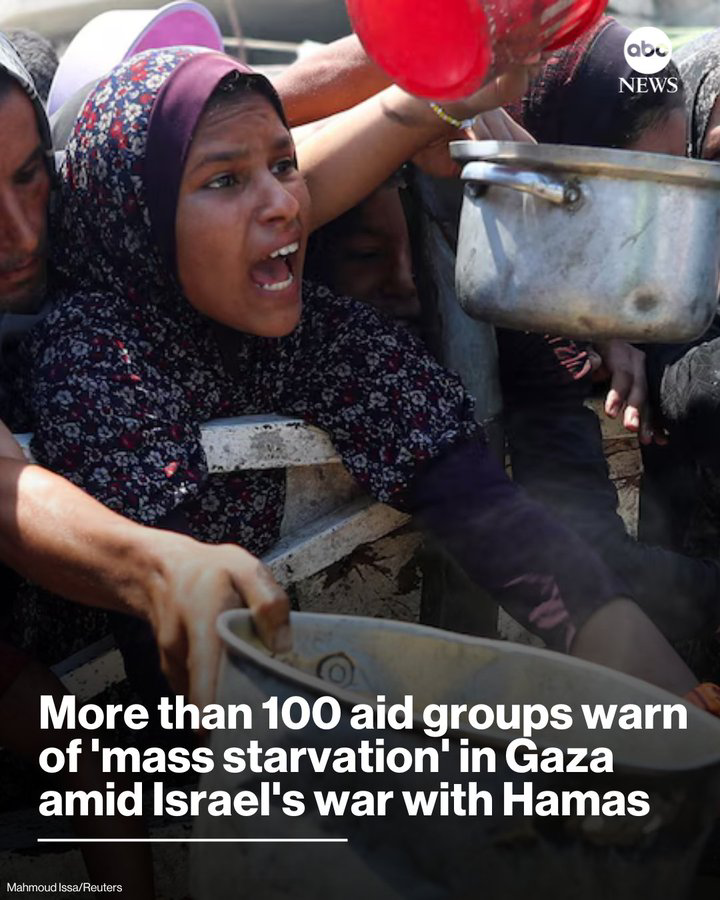 Archangelwoghd's tweet image. Doctors Without Borders, Save the Children and Oxfam International were among the 115 international aid groups that signed a statement describing food shortages in Gaza as "mass starvation," as the "Israeli government’s siege starves the people of Gaza."